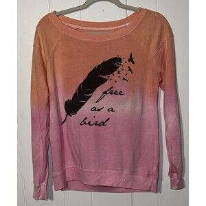 Chaser Ombre Pink & Orange Feather "Free as a Bird" Pullover Sweatshirt Small
